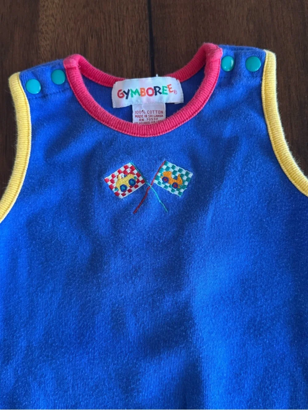 Gymboree Vintage 90s Baby Romper Embroidered Checkered‎ Flag Race Car Sz Infant